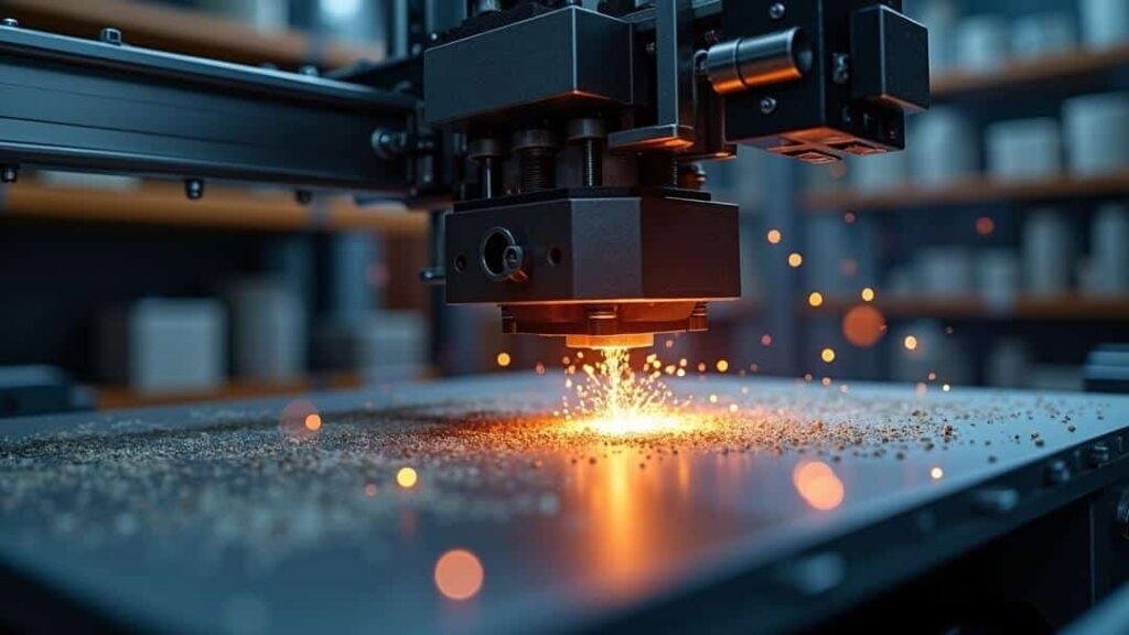 machine cutting a piece of metal in a factory with 3d printers