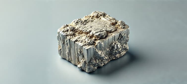 A close-up, detailed image of a piece of raw, unprocessed Praseodymium in its natural, metallic state. Praseodymium is a soft, malleable, silvery-yellow