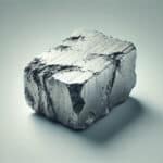 A close-up, detailed image of a raw, unprocessed piece of Cerium in its natural, metallic state. The Cerium appears as a malleable, soft, ductile iron