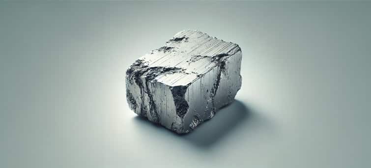 A close-up, detailed image of a raw, unprocessed piece of Cerium in its natural, metallic state. The Cerium appears as a malleable, soft, ductile iron