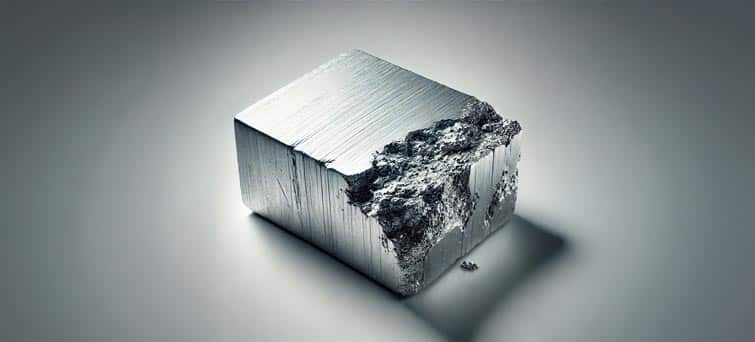 A close-up, detailed image of a raw, unprocessed piece of Dysprosium in its natural metallic state. Dysprosium appears as a relatively hard, silvery-white metal