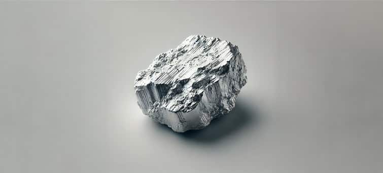A close-up, detailed image of a raw, unprocessed piece of Lanthanum in its natural, metallic state. The Lanthanum displays a soft, silvery-white color