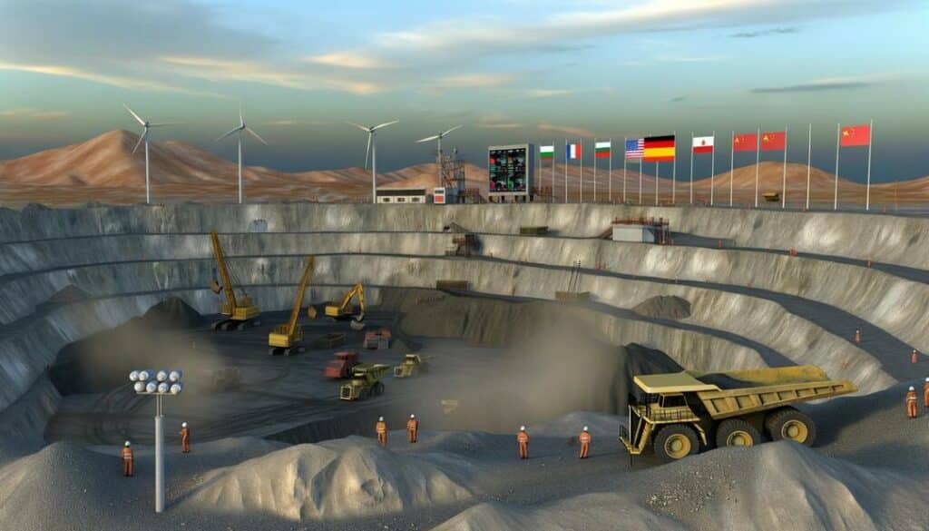 A photorealistic image of a modern rare earth mining site vividly captures the industrial activity and environmental awareness, illustrating the "best rare earth mining books" theme with detailed machinery, workers in safety gear, international flags, and a dramatic sky backdrop.