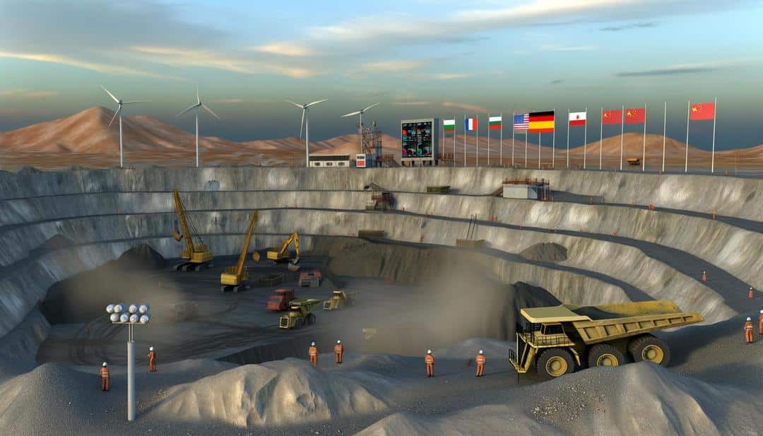 A photorealistic image of a modern rare earth mining site vividly captures the industrial activity and environmental awareness, illustrating the "best rare earth mining books" theme with detailed machinery, workers in safety gear, international flags, and a dramatic sky backdrop.