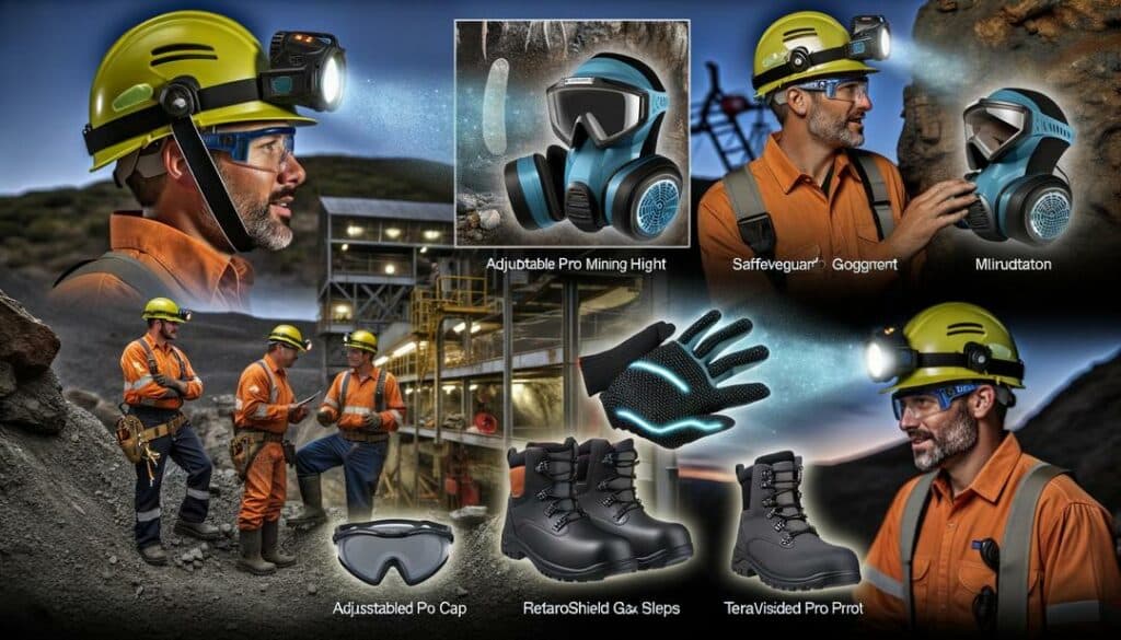 The image presents a photorealistic scene of a modern rare earth mining site equipped with the best rare earth mining safety equipment, featuring the XtremeGuard Pro Mining Helmet, RespiroTech Advanced Respirator, and TerraGuard Safety Boots among others, highlighting their functionality and importance in ensuring miner safety within an efficient and secure environment.
