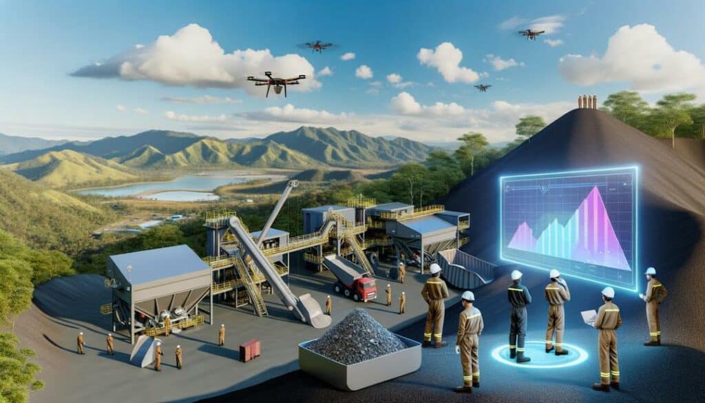 A photorealistic illustration shows a modern rare earth mining operation, featuring advanced machinery, workers in safety gear, and a high-tech processing plant amidst scenic mountains and lush vegetation, symbolizing the balance of progress and sustainability in the best rare earth mining stocks industry.