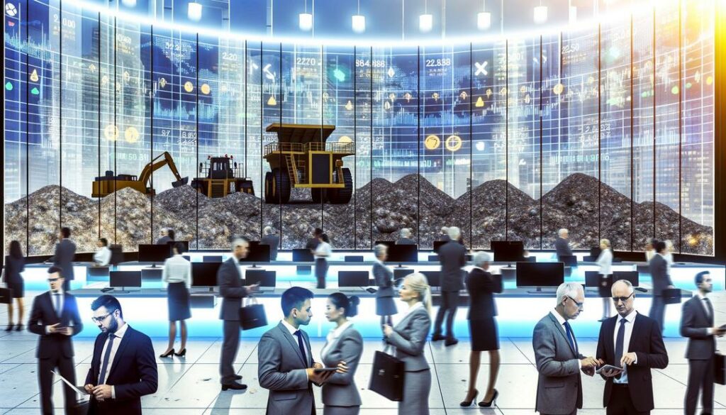 Alt Text: "A photorealistic trade floor setting showcasing investors engaging with digital screens on the best rare earth stocks, set against a skyline symbolizing tech and innovation, with mining and futuristic technology elements signifying the industry's market potential."