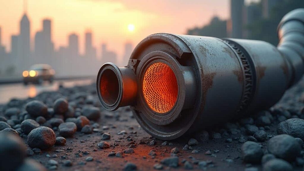traffic light sitting on top of a pile of rocks, catalytic converters