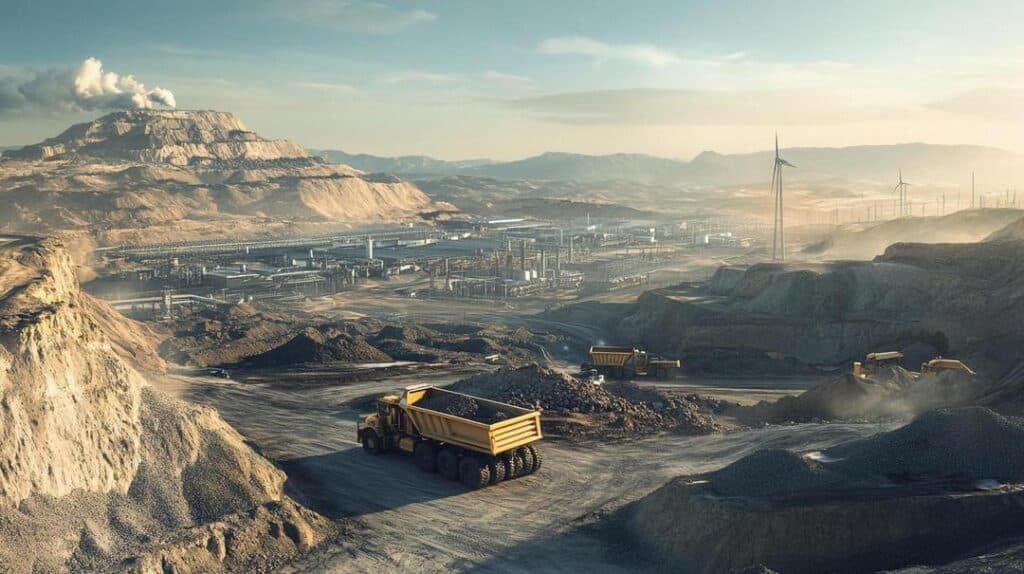 A photorealistic image of a US rare earth mining and processing facility illustrates the complex "Challenges in US rare earth supply chains," featuring advanced machinery, eco-friendly energy solutions like solar panels and wind turbines, amidst rugged terrain.