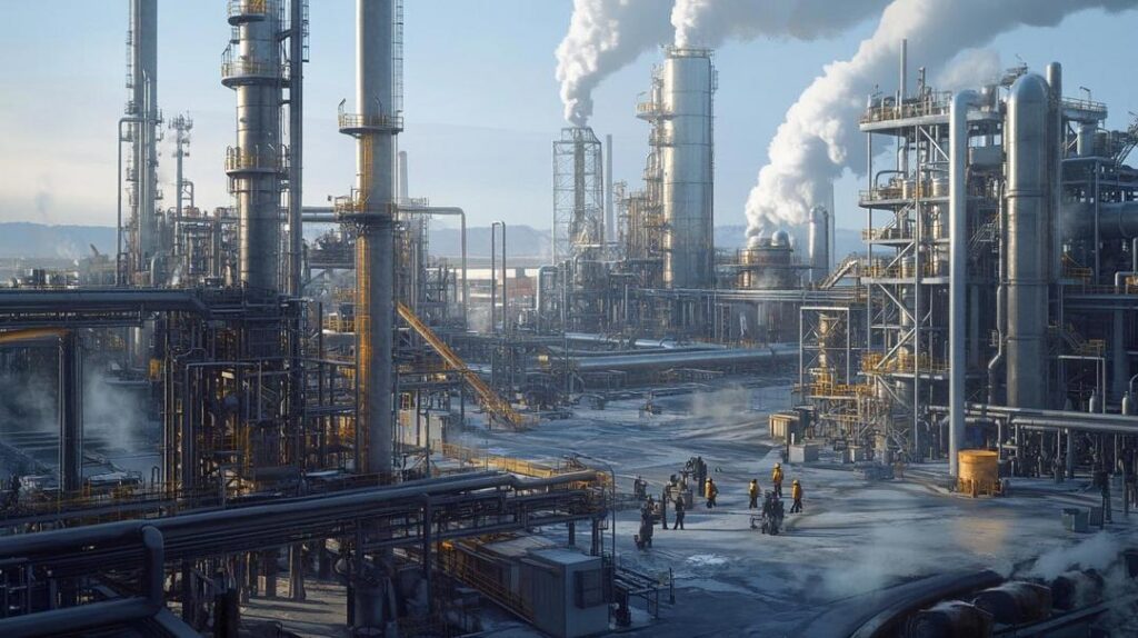 The image vividly portrays a domestic rare earth refining facility in America, showcasing its extensive industrial infrastructure, high-tech machinery, and eco-friendly practices under natural lighting.