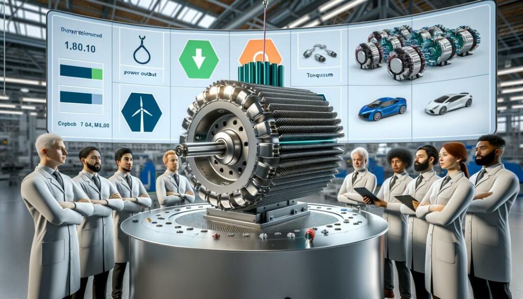 A photorealistic image showcases a modern electric motor with dysprosium-enhanced magnets in a high-tech manufacturing setting, surrounded by engineers, digital screens, and elements of renewable energy, highlighting innovation and sustainability in the "dysprosium electric motors" industry.