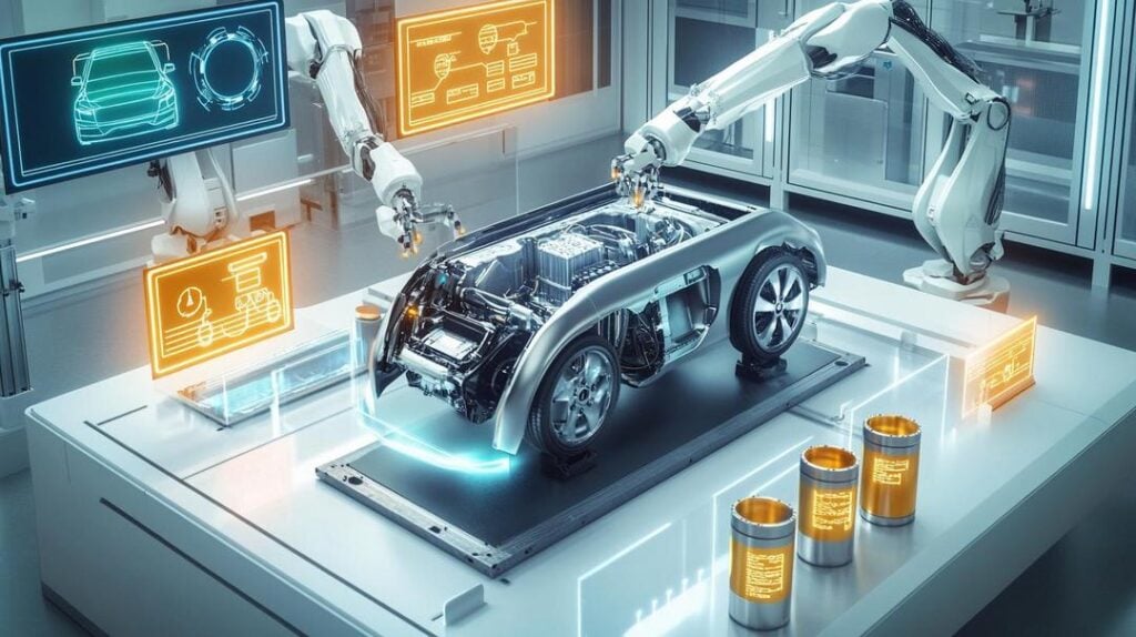 A state-of-the-art electric vehicle assembly facility highlights EV rare earth demand by showcasing robotic arms assembling a sleek motor with containers of neodymium, praseodymium, dysprosium, and terbium, set in a clean, high-tech environment with glowing digital schematics.