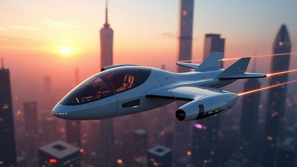 Evtol-aircraft-2025-11-01T193204.549Z jet flying through the air over a city, resembling an evtol aircraft
