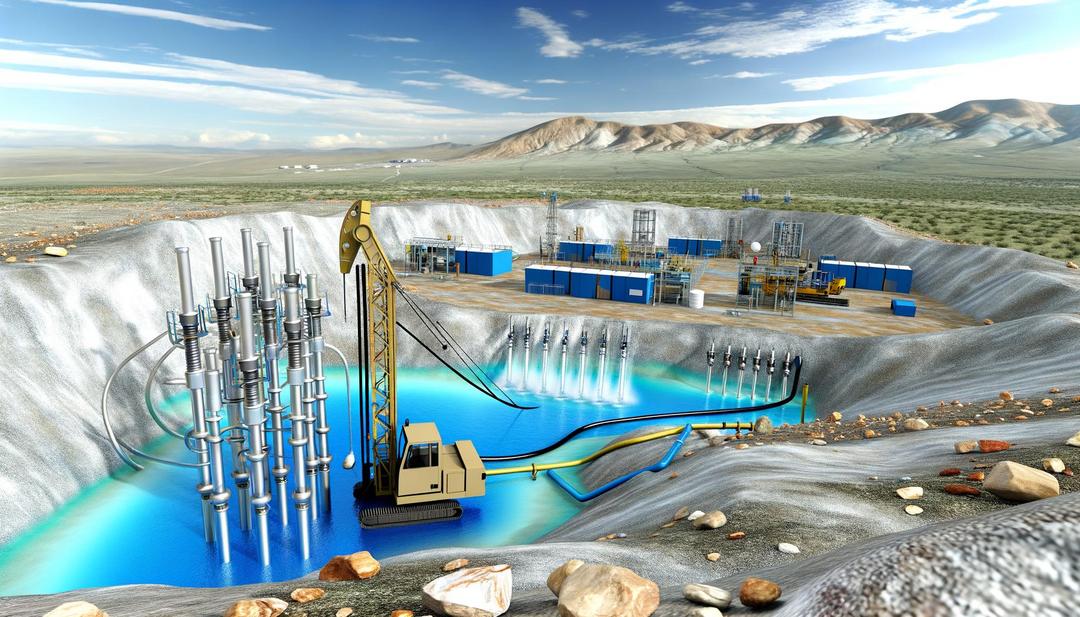 A photorealistic image of "in-situ leaching rare earth" shows a remote landscape with wellheads and pipes for solution injection and extraction, a portable drilling rig, and a discreet processing facility, all emphasizing minimal environmental impact and a balance of technology and nature.