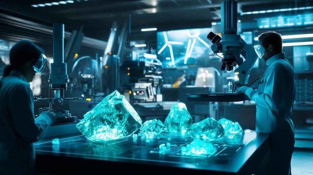 A futuristic laboratory scene in 2025 showcases technologists analyzing the most profitable rare earths—neodymium, dysprosium, terbium, praseodymium, europium, and yttrium—set against a backdrop of cutting-edge clean energy technologies.