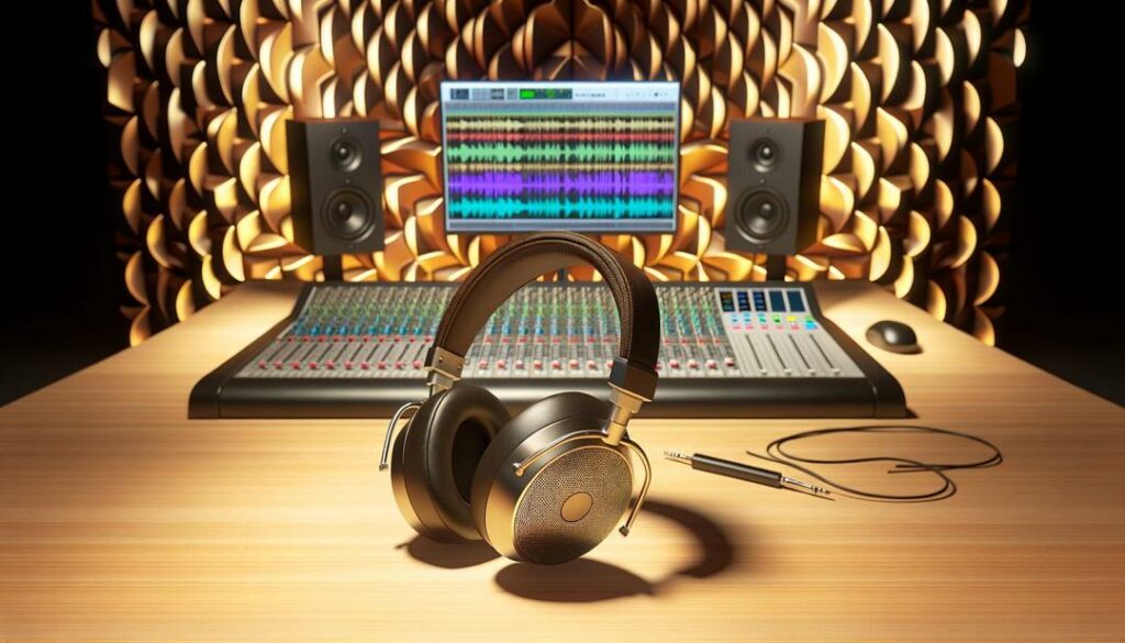 A photorealistic image showcases high-end neodymium headphones, specifically the Sennheiser HD 660 S, elegantly positioned on a stylish wooden desk amid professional audio equipment, bathed in soft, warm lighting to accentuate their design in a luxurious studio setting.