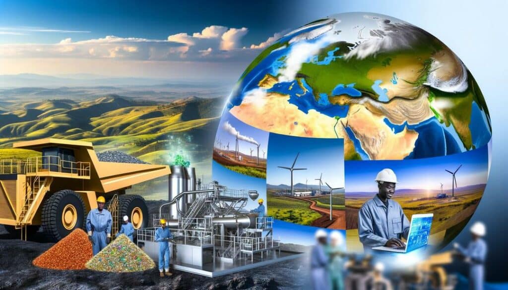 The image depicts a state-of-the-art rare earth production facility symbolizing the emergence of new rare earth producers, set amidst diverse landscapes from Australia, the U.S., Africa, and Europe, with sustainable practices and advanced technology highlighted in a photorealistic style.