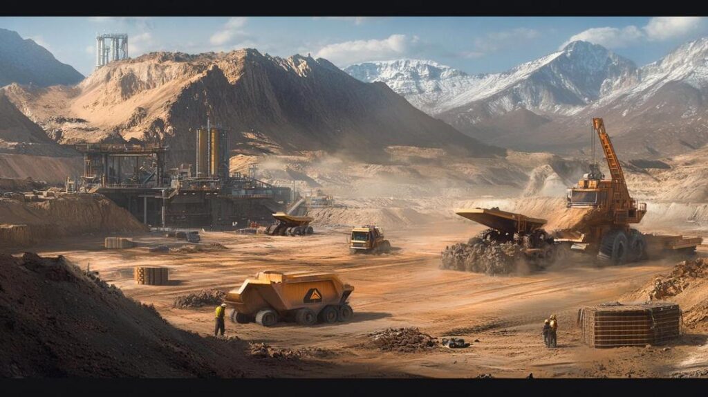 A highly detailed photorealistic image of a rare earth mining operation in the US, illustrating the urgency and complexity of addressing Rare earth bottlenecks in US supply chains.