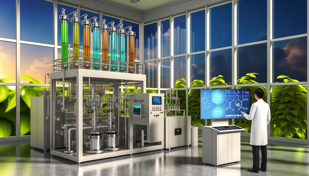 A photorealistic image of a state-of-the-art rare earth catalysts refining facility showcases a technician operating advanced chromatography equipment, with displays of nanostructured electrodes and sustainable processing units, all underlining the integration of innovative technology and sustainability.