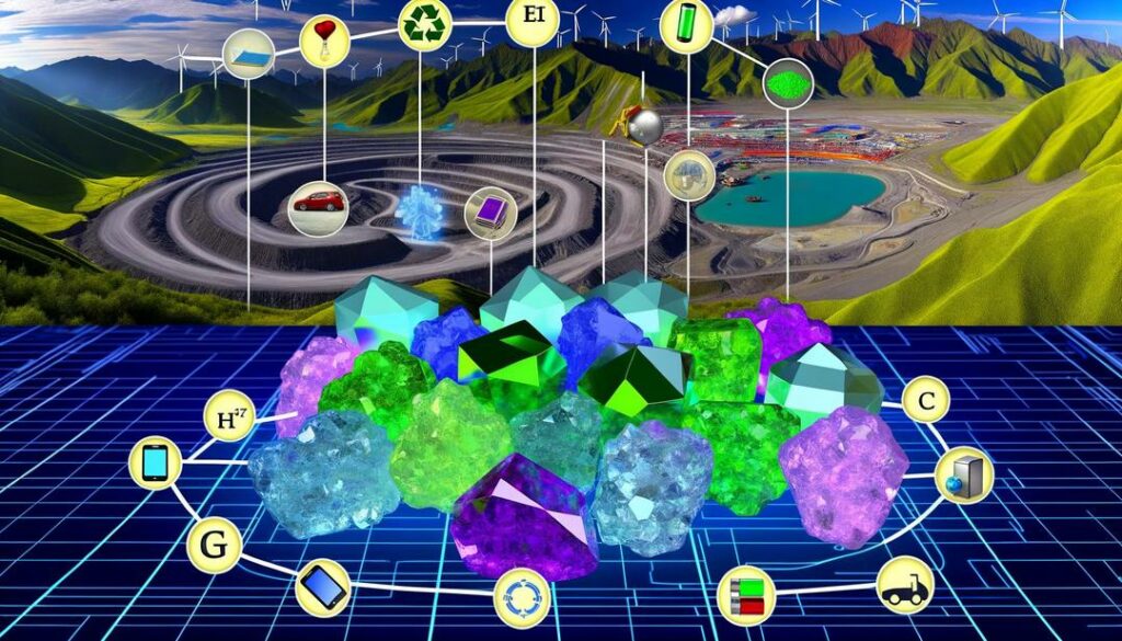 A photorealistic image vividly captures the importance of rare earth elements books by depicting luminescent crystals labeled with chemical symbols surrounded by modern technology and environmentally conscious elements against a backdrop highlighting both the environmental impact of mining and global geopolitical influences.