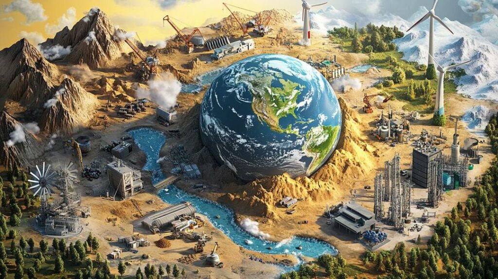 A photorealistic illustration highlights the global significance of rare earth elements, with a central globe showing major producing countries, surrounded by key technologies reliant on these elements, alongside contrasting imagery of mining operations and research labs, emphasizing the economic and environmental tensions of rare earth export restrictions.