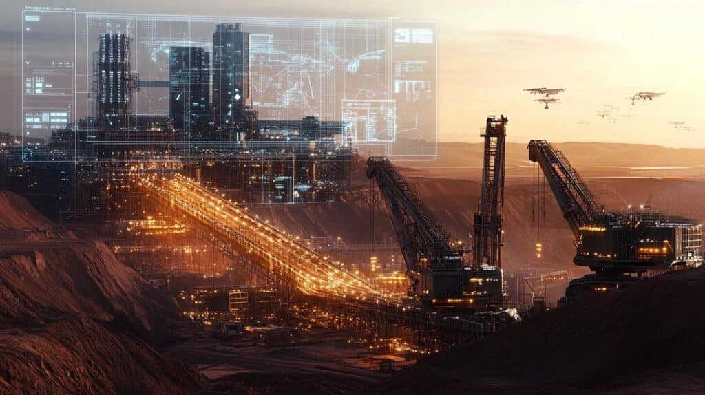 A photorealistic scene of a rare earth mine in Inner Mongolia, bustling with cranes and excavators, highlights rare earth geopolitical risks through digital overlays of global trade routes and monitoring satellites under dawn's light.