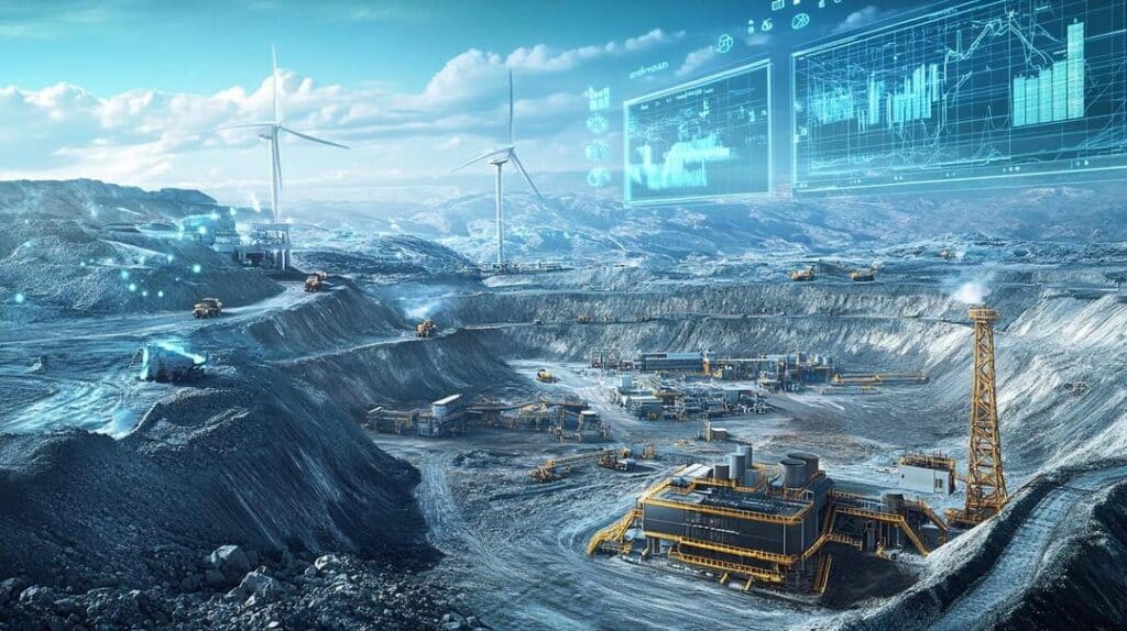 A photorealistic depiction of a rare earth mining operation reveals the complex network of open-pit mines and advanced processing facilities, juxtaposed with stock market graphs and technologies like electric vehicles, wind turbines, and military equipment, embodying "rare earth investment analysis."