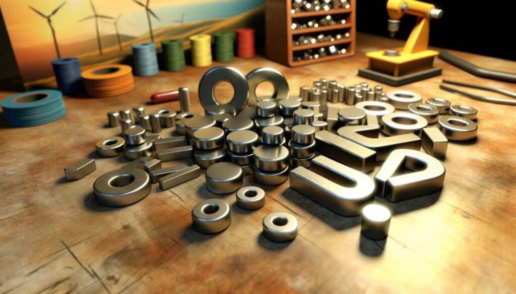 A photorealistic image displays a diverse array of rare earth magnets for sale, featuring neodymium discs, blocks, rings, and cylinders on a wooden workbench, surrounded by workshop tools and materials, with elements of energy efficiency subtly included in the background.