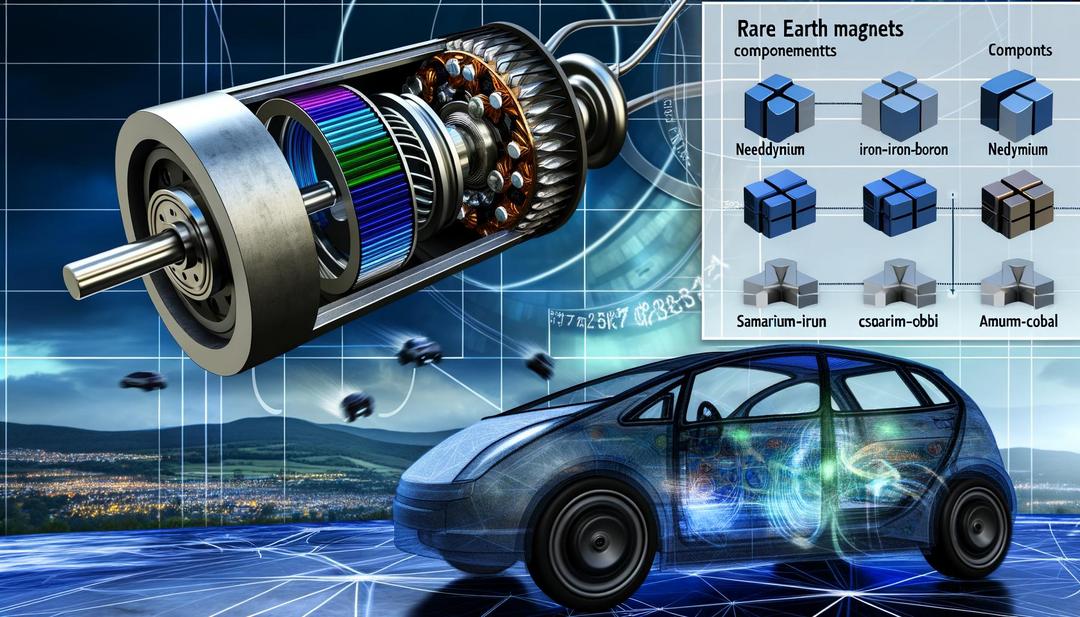 A photorealistic illustration reveals the inner workings of an electric vehicle powered by rare earth magnets, with the rotor and stator interactions showcased alongside infographics highlighting the benefits and future trends of rare earth magnets in EVs.