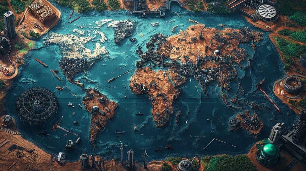 A photorealistic world map highlights global regions rich in rare earth element deposits, emphasizing China's dominance and rising competitors like the United States, Australia, and Canada, alongside various technology devices reliant on these elements, capturing the intricate dynamics of the rare earth market and economics.