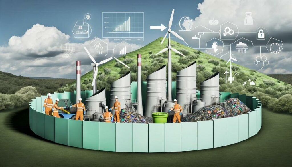 A photorealistic image of a modern rare earth processing facility, blending industry and environmental sustainability, features eco-friendly extraction, urban mining, and workers in safety gear, with renewable energy technologies in the background; charts highlight rare earth market cycles, alongside geopolitical elements like international flags, symbolizing global supply chain dynamics.