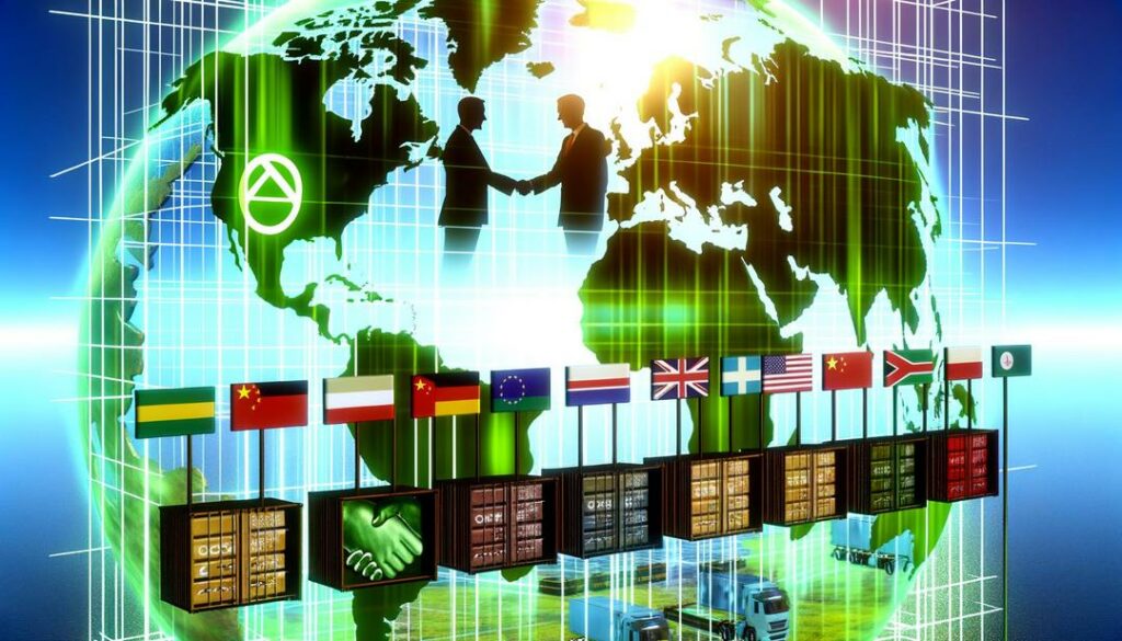 A photorealistic image showcases the intricate landscape of the rare earth market policies, featuring a global map with icons for export restrictions, environmental regulations, strategic stockpiling, and trade agreements amid geopolitical chess play between the U.S. and China, subtly highlighting the role of rare earths in green technology.