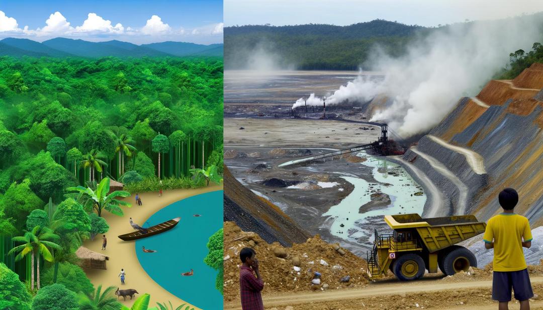 A photorealistic image that captures the devastating rare earth mining environmental impact. The scene depicts a stark contrast between a lush, vibrant forest teeming with life on one side, and the opposite side showing a barren wasteland created by open-pit mining.