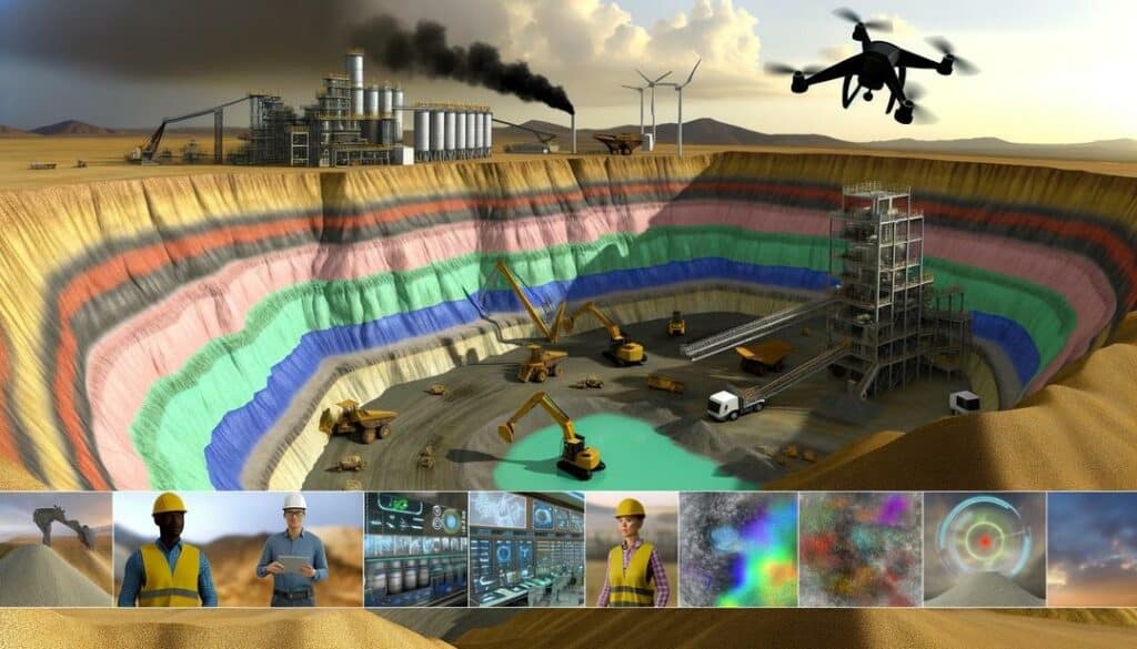 A photorealistic image illustrates a rare earth mining operation featuring a large open-pit mine, bustling with heavy machinery and a modern processing plant, captured under a dramatic sky, as part of a "rare earth mining guide."