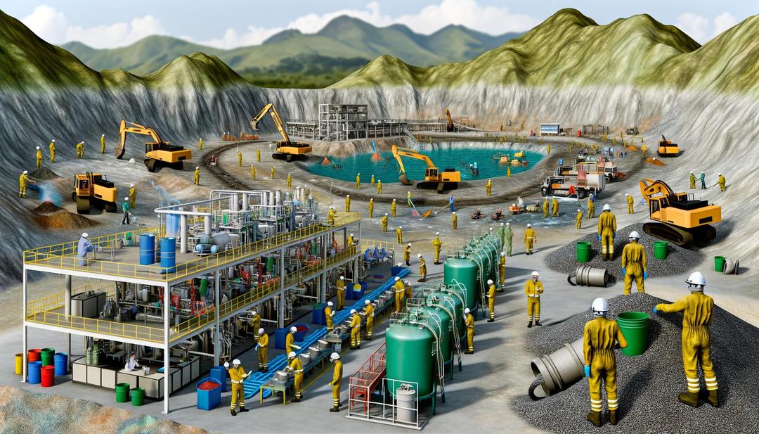 A photorealistic image of a rare earth mining operation showcases workers in safety gear amidst large machinery, a water treatment facility, and restored land, highlighting the balance of industrial activity and environmental stewardship under rare earth mining regulations.