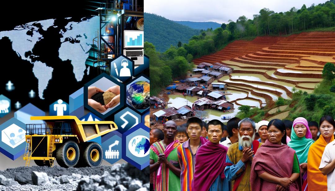A photorealistic image captures the "rare earth mining social impact" by juxtaposing a bustling mining operation marked by environmental degradation and community displacement on one side, against polluted ecosystems, agricultural distress, indigenous protests, and global geopolitical nuances on the other.