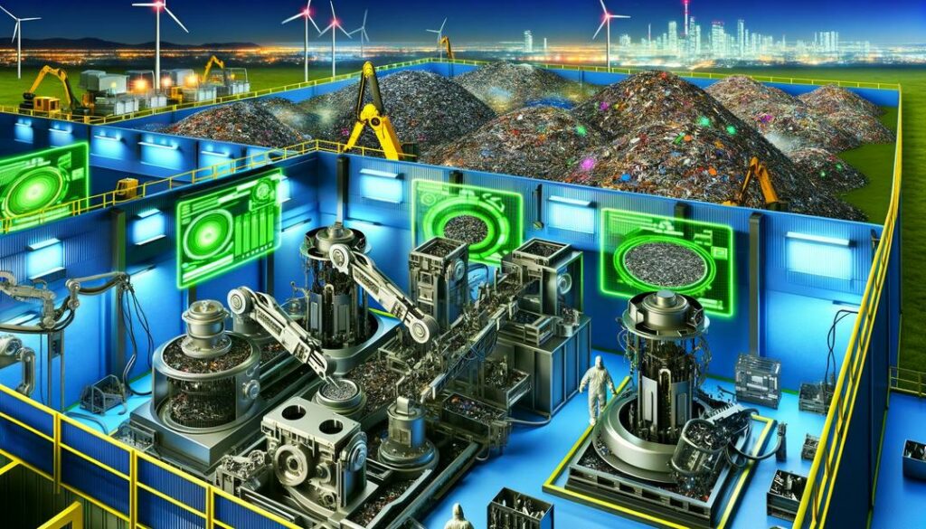 A high-tech recycling facility showcases advanced machinery and robotic arms extracting materials from electronic waste, emphasizing "rare earth recycling economics" through indicators of sustainable innovation amidst wind turbines and solar panels.