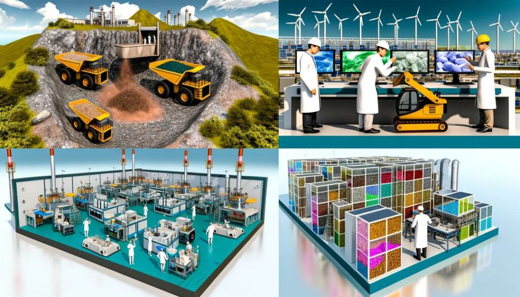 A photorealistic image depicts the rare earth supply chain through its mining, processing, and manufacturing stages, culminating with advanced consumer products and renewable energy solutions, underscoring the geopolitical and environmental significance of this industry.