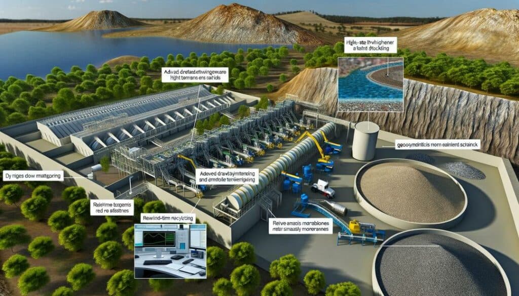 The image depicts a cutting-edge rare earth tailings management facility, featuring advanced dewatering equipment, a stable dry stacking area, a buttressed tailings dam, innovative water recycling systems, real-time environmental monitoring, reclaimed land with greenery, and an eco-friendly landscape, highlighting the themes of responsibility and sustainability.