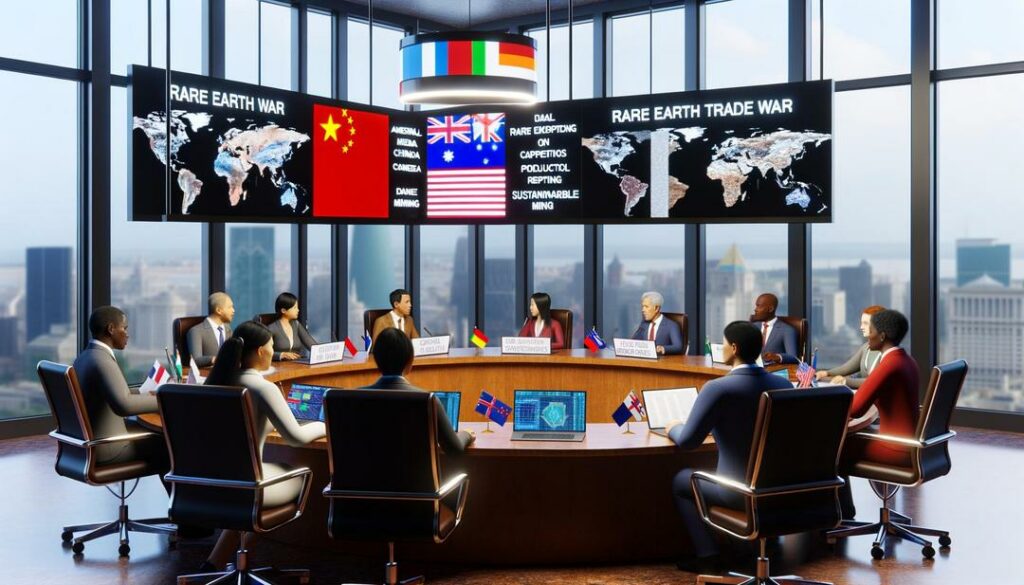 The photorealistic image depicts a tense geopolitical meeting room where delegates from China, the USA, Australia, Europe, and Japan are engaged in serious discussions about the rare earth trade war, visibly surrounded by maps, data displays, and national flags against a backdrop of an urban skyline.