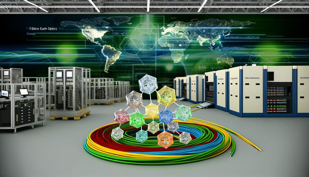 A photorealistic depiction of a high-tech fiber optic manufacturing facility features colorful cables intertwined with crystalline structures of rare earths—Erbium, Neodymium, and Praseodymium—amidst advanced machinery, a green wall symbolizing sustainability, and a world map marking rare earths fiber optics hotspots, emphasizing the innovation and geopolitical significance of rare earths in fiber optics technology.