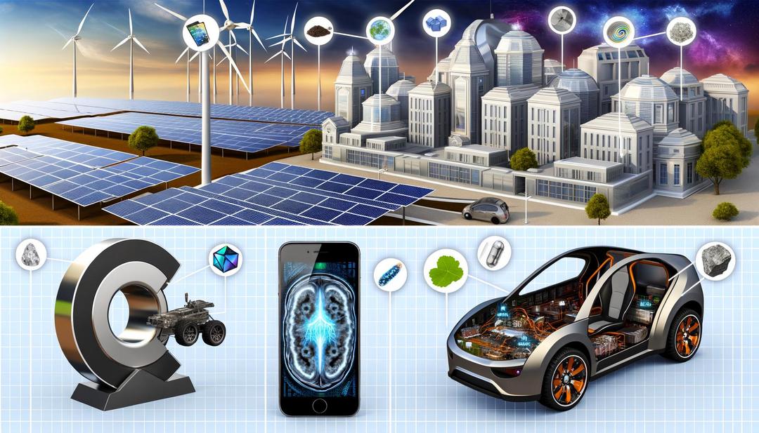 The image illustrates the crucial impact of rare earths future technology in evolving modern devices and sustainable innovations, featuring applications from electric vehicles and consumer electronics to medical equipment and defense systems, against a backdrop of eco-friendly mining and recycling efforts.