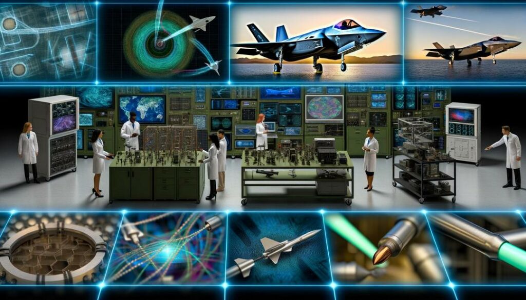 A photorealistic image of a futuristic military laboratory highlights the role of rare earths in defense, featuring advanced technologies like precision-guided missiles, drones, and an F-35 Joint Strike Fighter alongside neodymium and dysprosium magnets, fiber-optic cables, and laser systems under cool blue and green lighting.