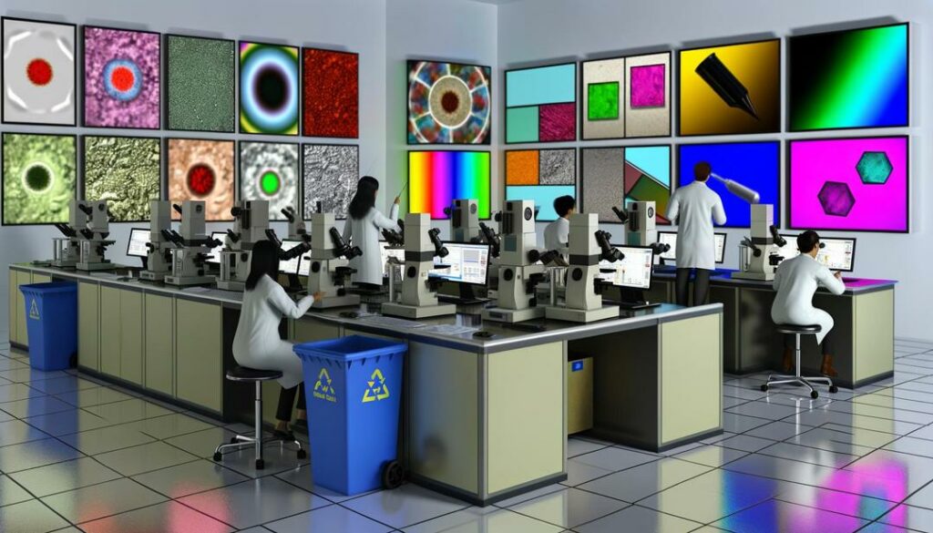 A cutting-edge technology laboratory bustling with scientists analyzing rare earths in displays, highlighting the elements' crucial role in vibrant, high-quality screens while incorporating sustainable practices and innovative research.