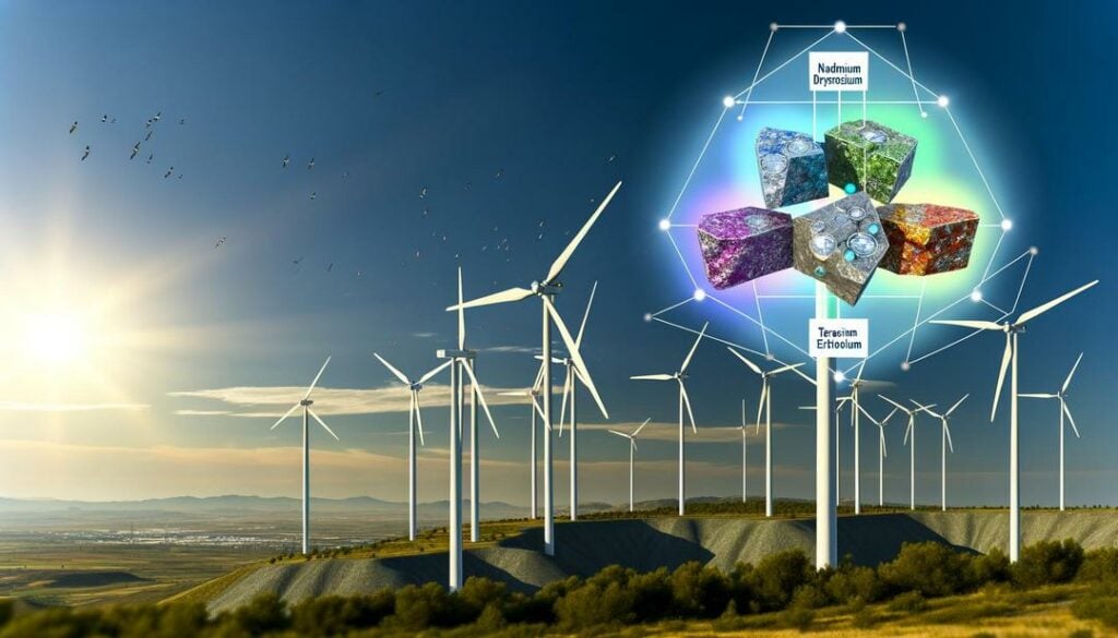 A photorealistic depiction of a modern wind turbine farm against a clear sky, featuring labeled crystalline structures of the seven rare earths in wind turbines, illustrates the integration of Neodymium, Dysprosium, Praseodymium, Terbium, Europium, Yttrium, and Samarium magnets, set in a bucolic landscape with birds and greenery, underscoring sustainable energy advancements.