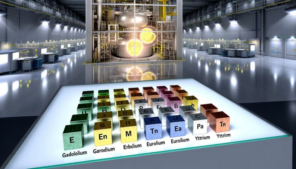 A photorealistic image showcases the "rare earths nuclear industry" by artistically displaying the 17 rare earth elements on a glass tabletop within a modern nuclear facility, with labels highlighting their nuclear uses and an overlay of world maps indicating geopolitical tensions and production areas in the backdrop.