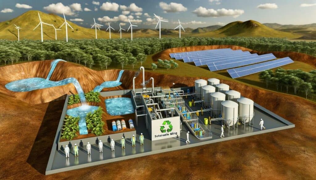 Photorealistic image of a sustainable rare earth mining operation showcasing advanced environmentally friendly practices, workers in protective gear, and successful land rehabilitation, with clean energy sources and efficient water usage in the background.