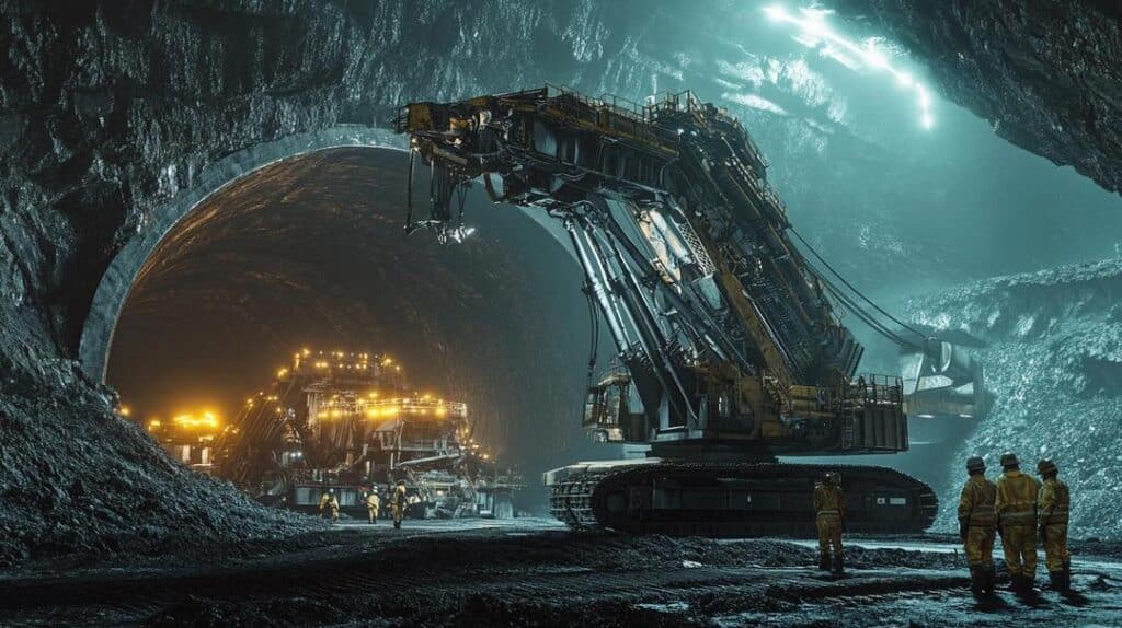 The image depicts a high-tech mining operation for US partnerships in rare earth supply chains, featuring industrial machinery, workers in protective gear, and an advanced refining facility processing glowing rare earth elements.