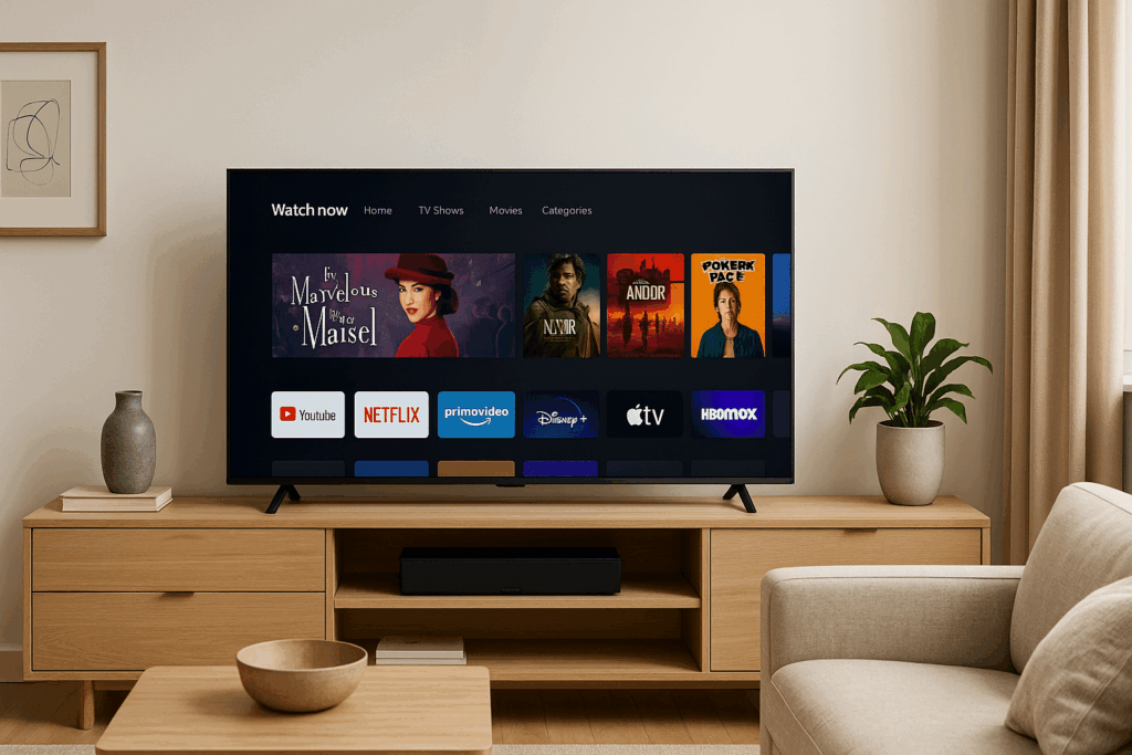 flat screen Smart TV sitting on top of a wooden entertainment center